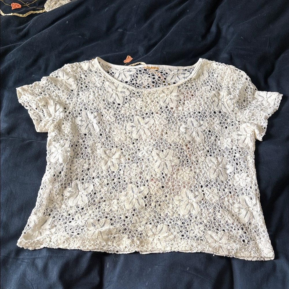Anthropologie Crochet Floral Short Sleeve Top - Cream